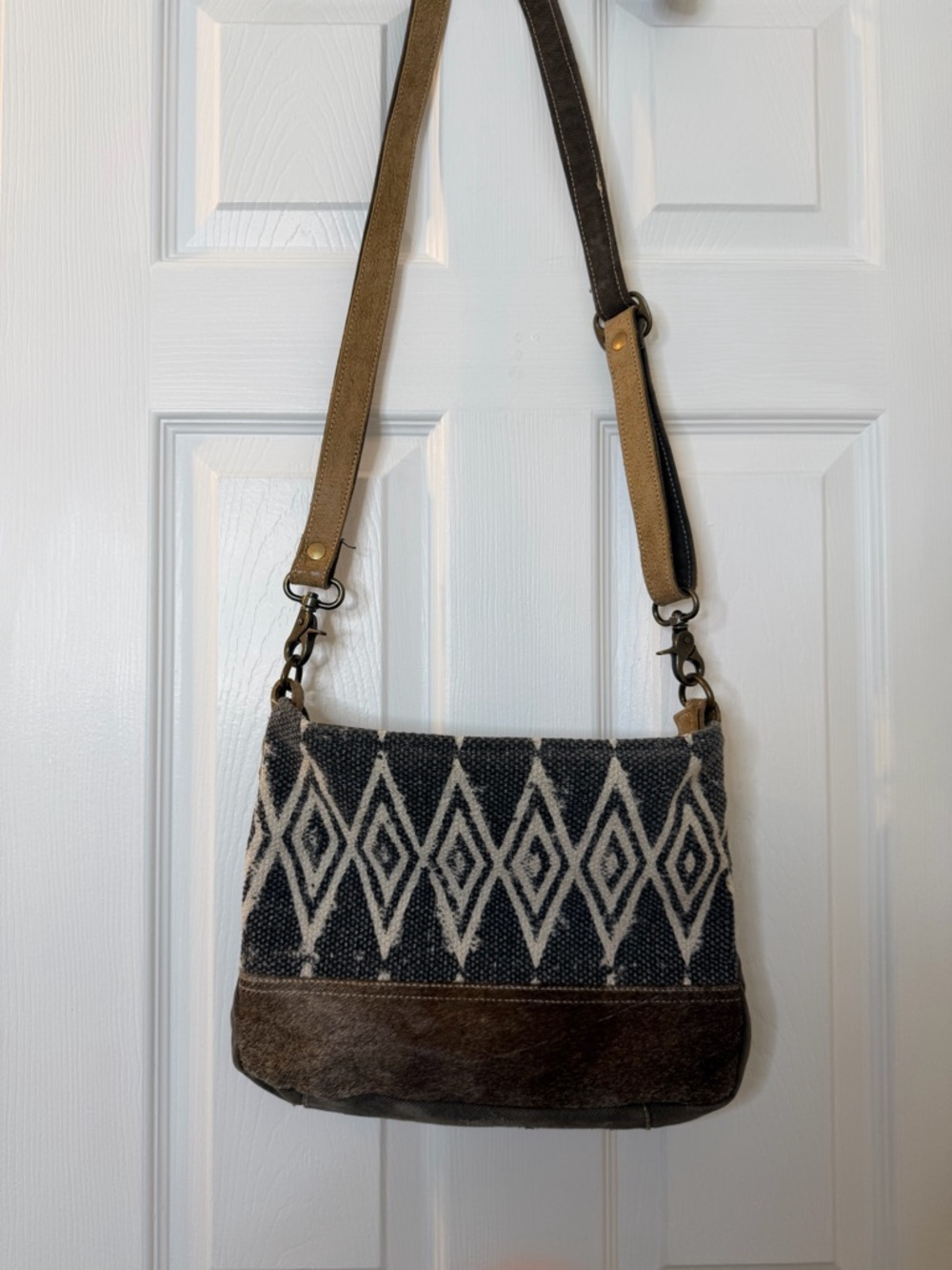 Myra Bag Black and Cream Woven Diamond Crossbody with Brown Trim